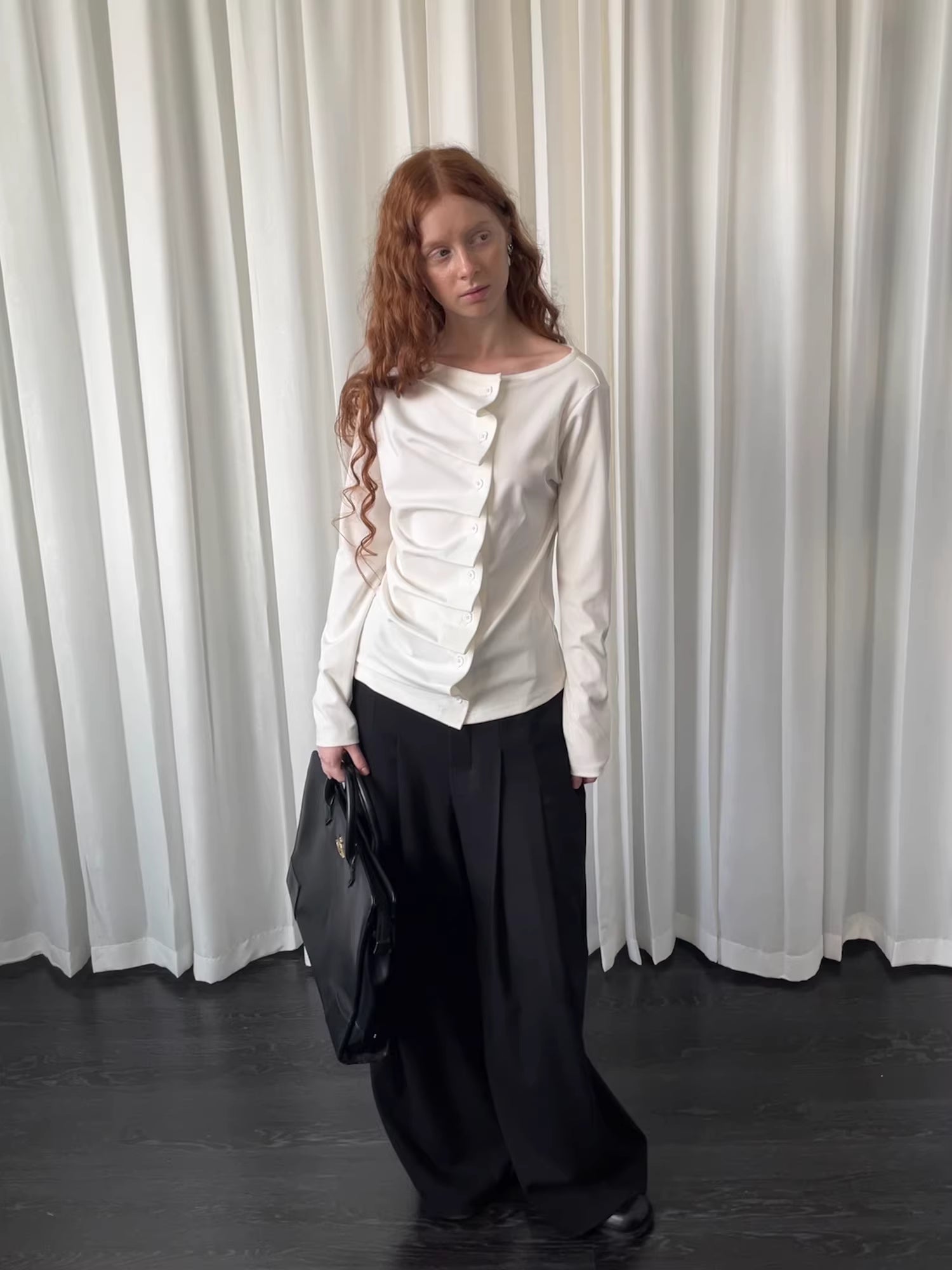 Linear Fold Placket Long Sleeve Top