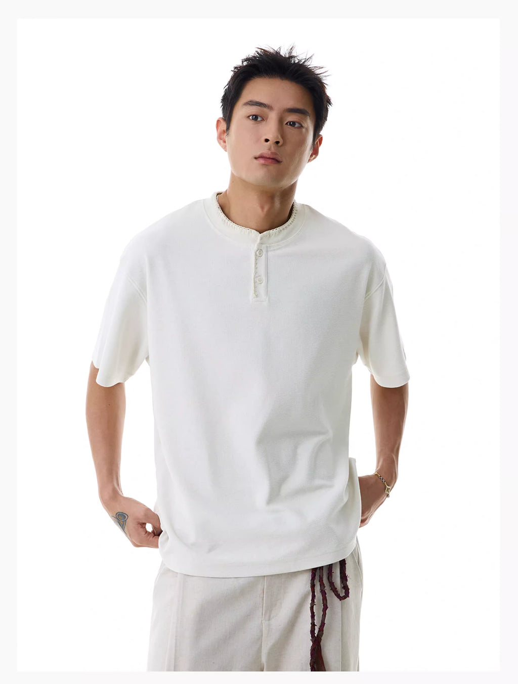 Embroidered Henley T-Shirt in Black Ink or White