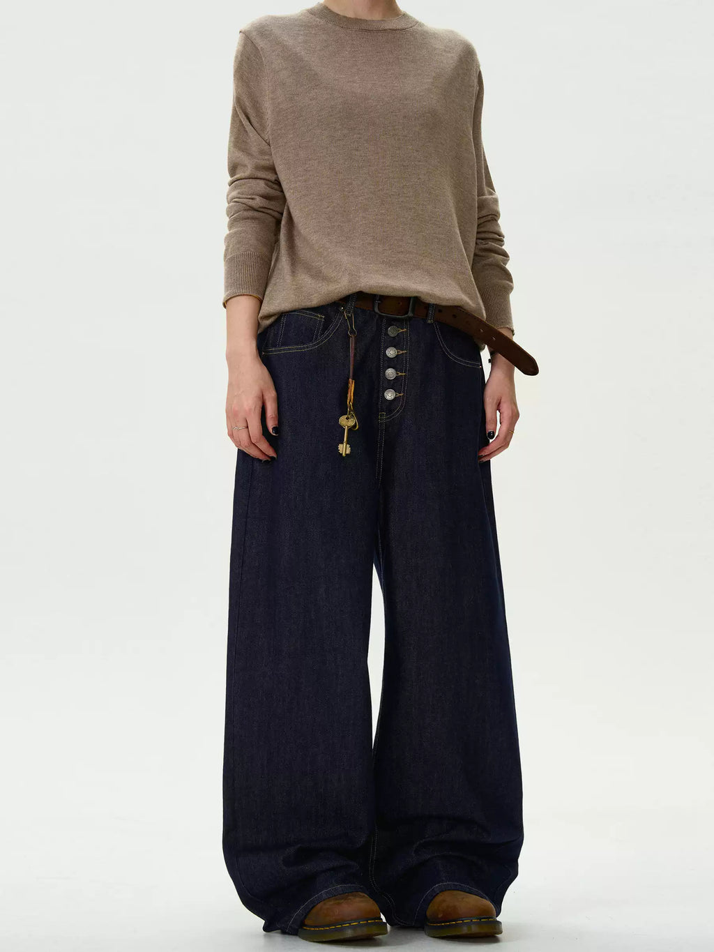 Button Fly Wide-Leg Raw Denim