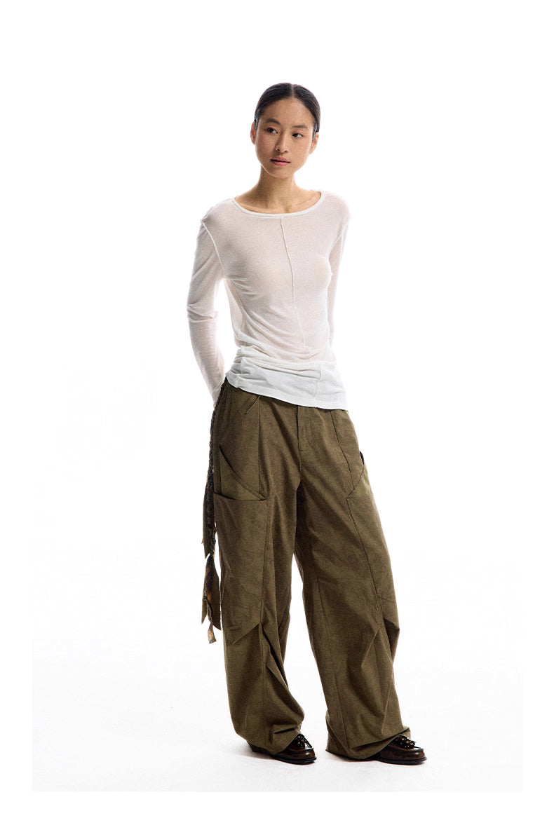Geometric Detail Wide-Leg Machete Pants with Belt