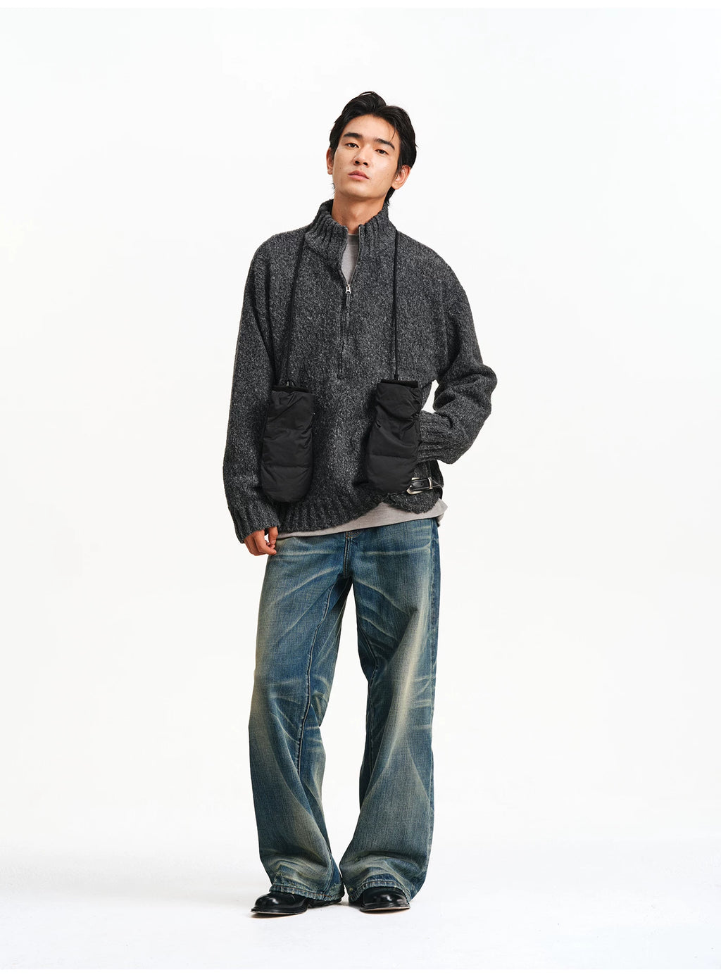 Textured Bouclé Half-Zip Knit – Charcoal