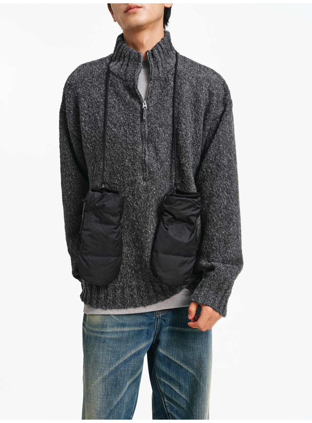 Textured Bouclé Half-Zip Knit – Charcoal
