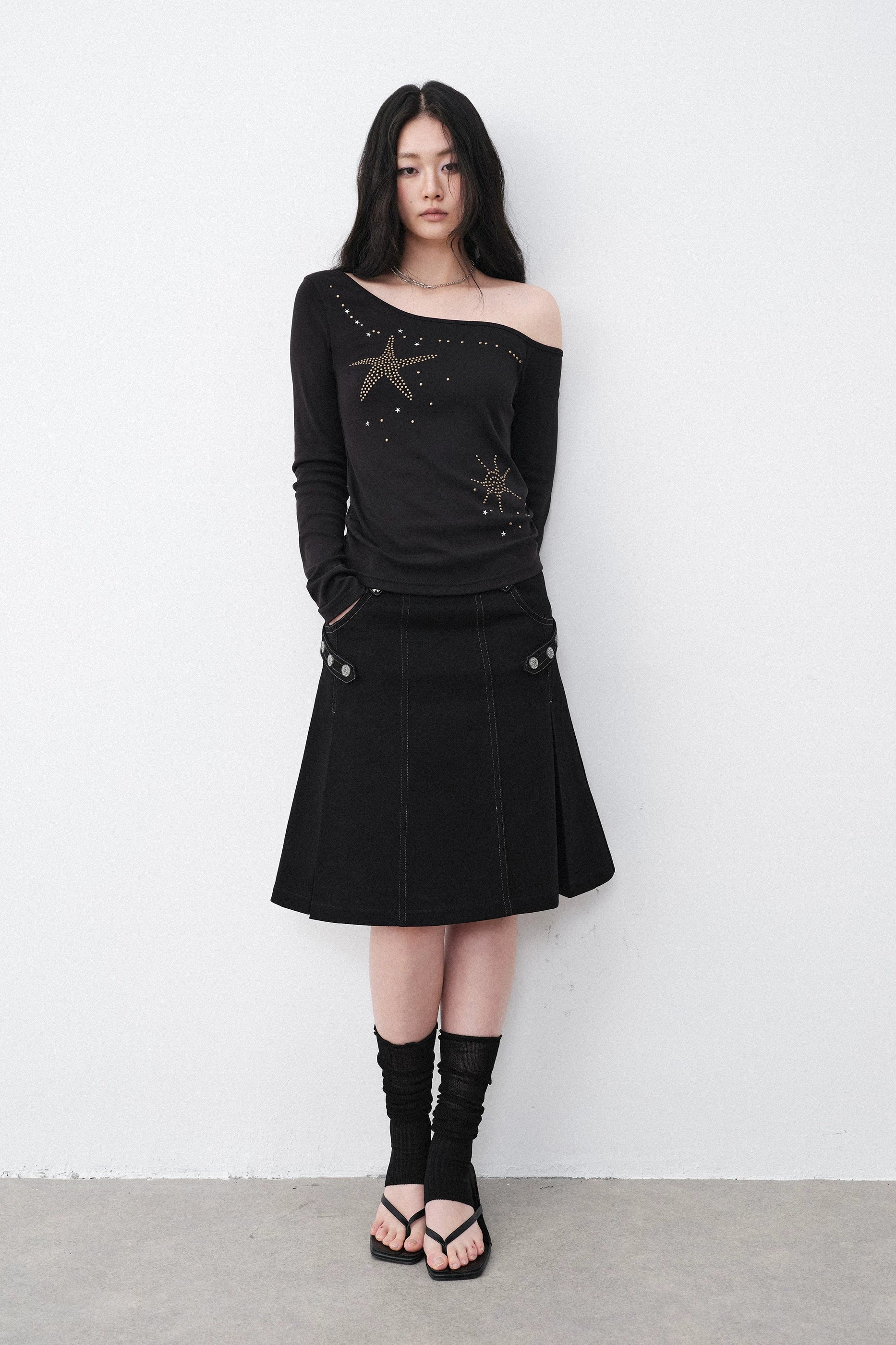 Silver Hardware Pleated Midi-Skirt