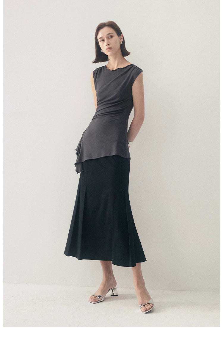 Ruffled Knit Top in Charcoal or Beige