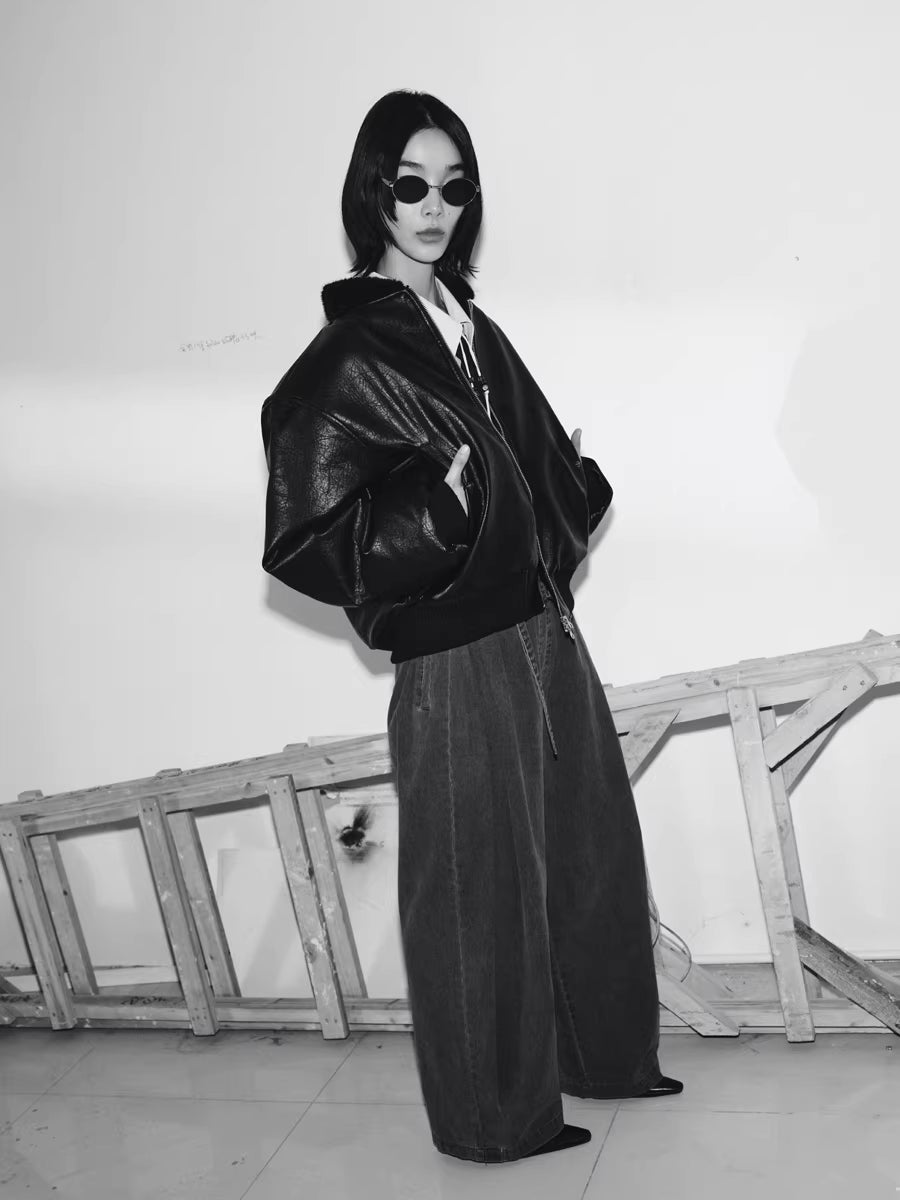 Deconstructed Wide-Leg Charcoal Trousers