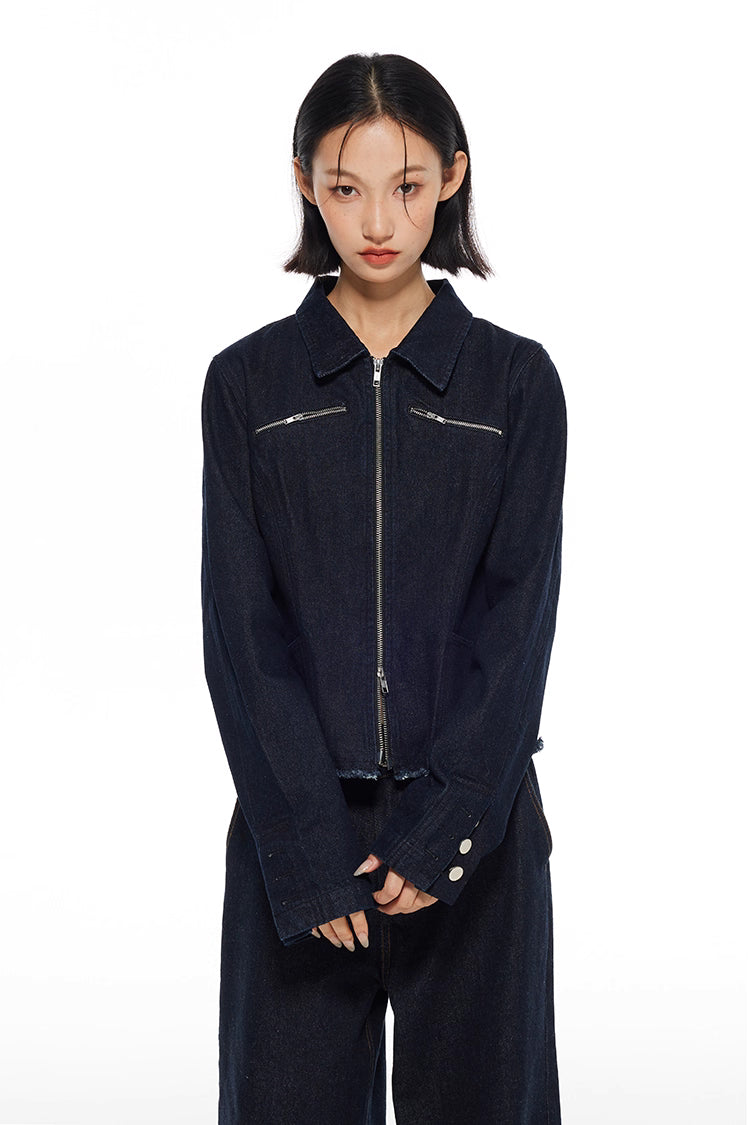 Double Zipper Distressed Denim Jacket