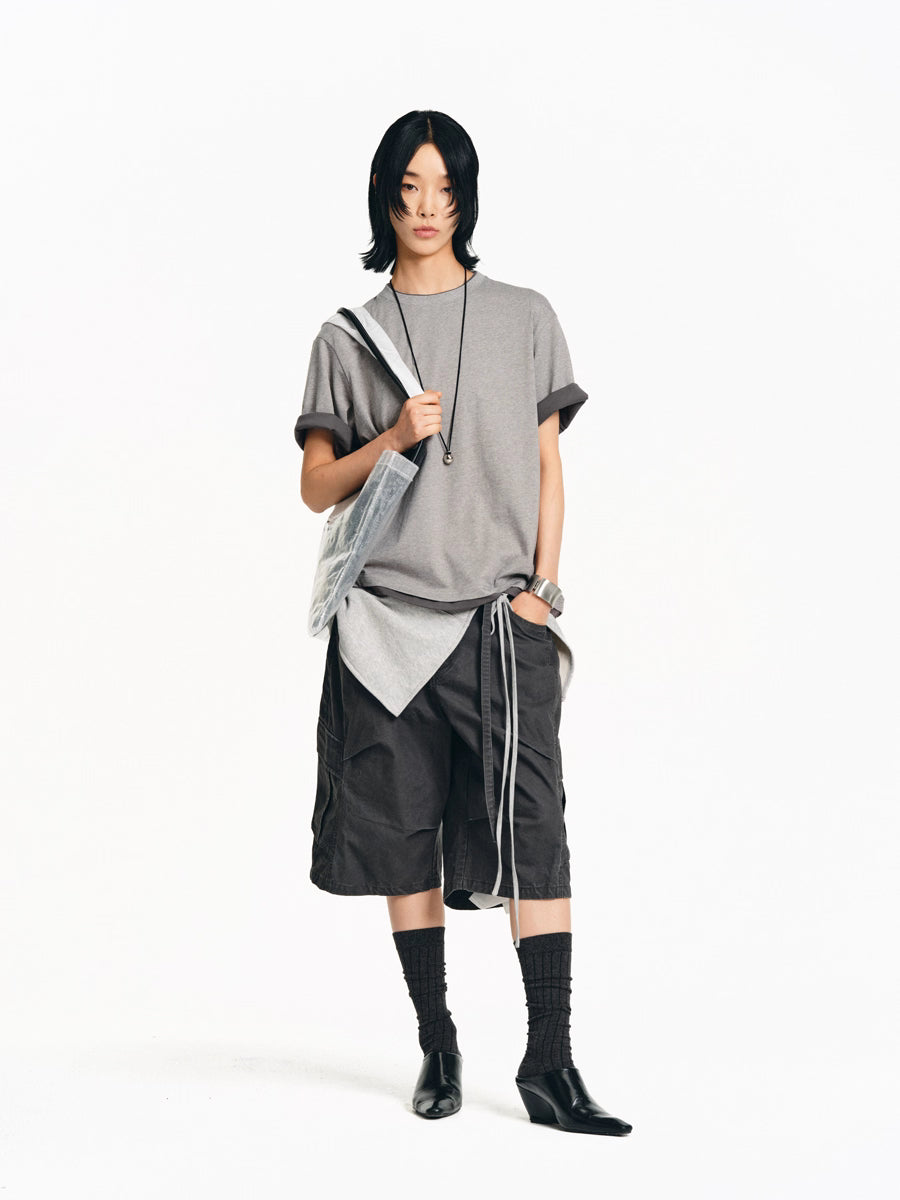 Drawstring Washed A-line Cargo Wide-Leg Shorts