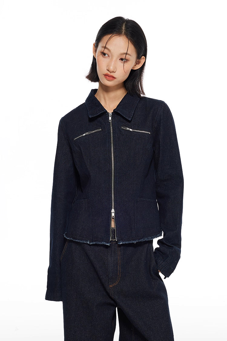 Double Zipper Distressed Denim Jacket