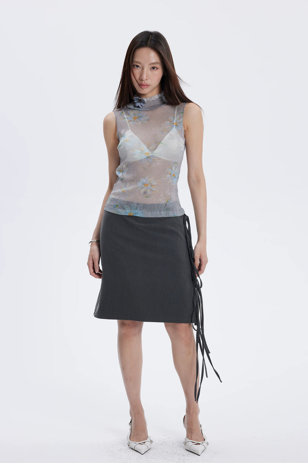 Floral Shimmer Mesh Mock Neck Tank