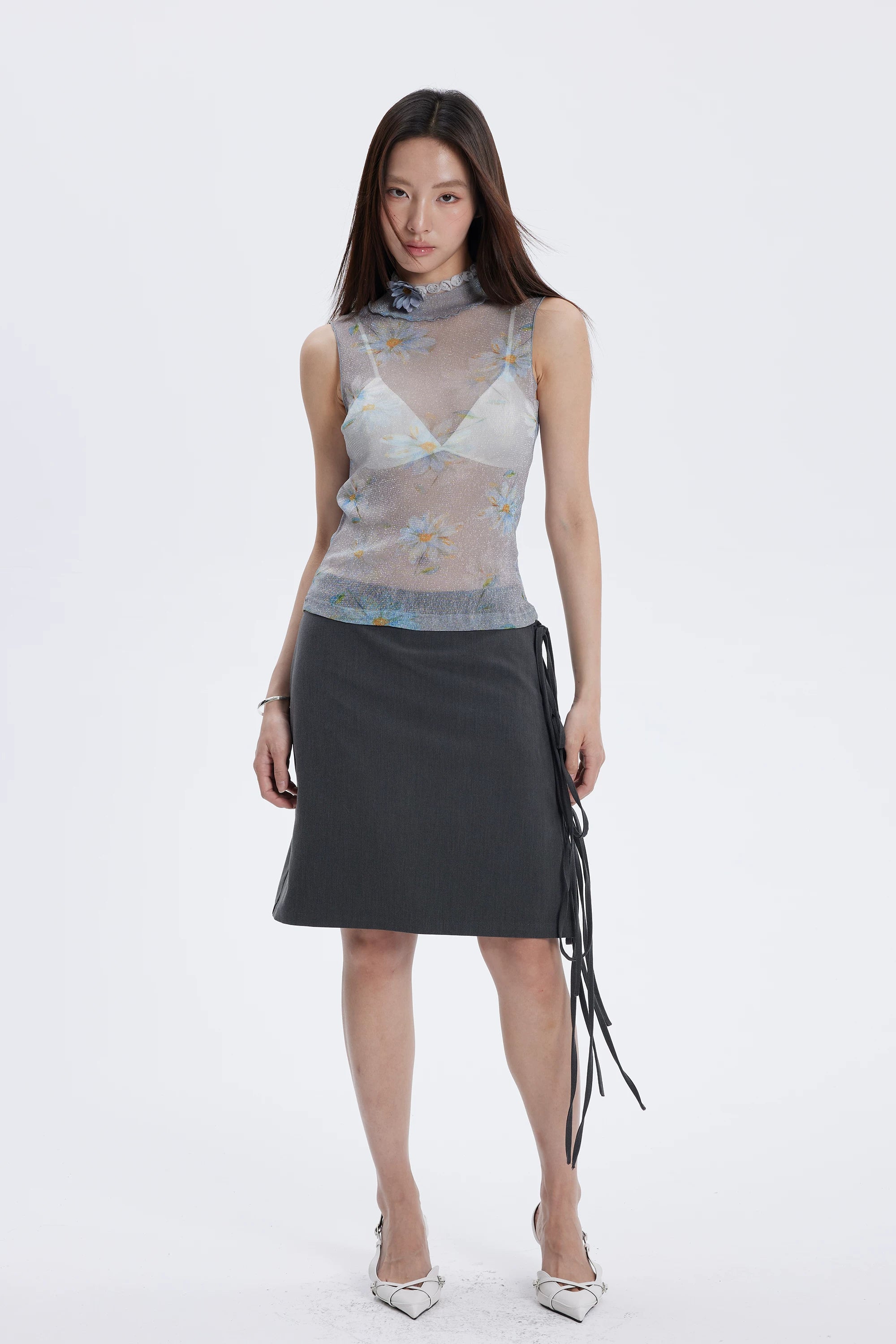 Floral Shimmer Mesh Mock Neck Tank