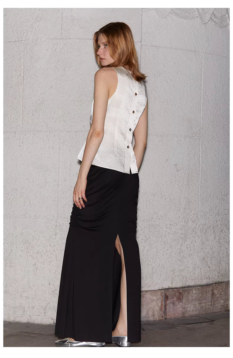 Crinkled Satin Cowl-Neck Top with Button-Back Detail