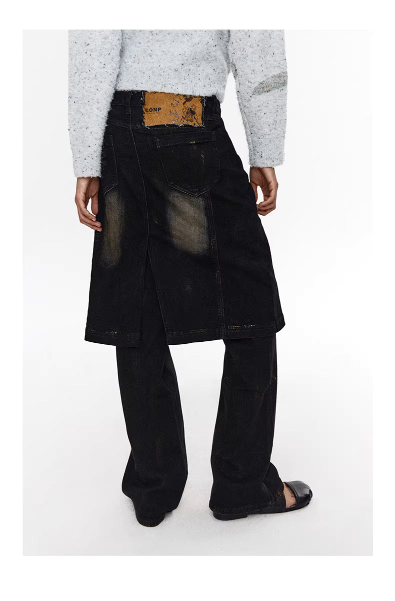 Shadow Wave Denim Skirt-Pant