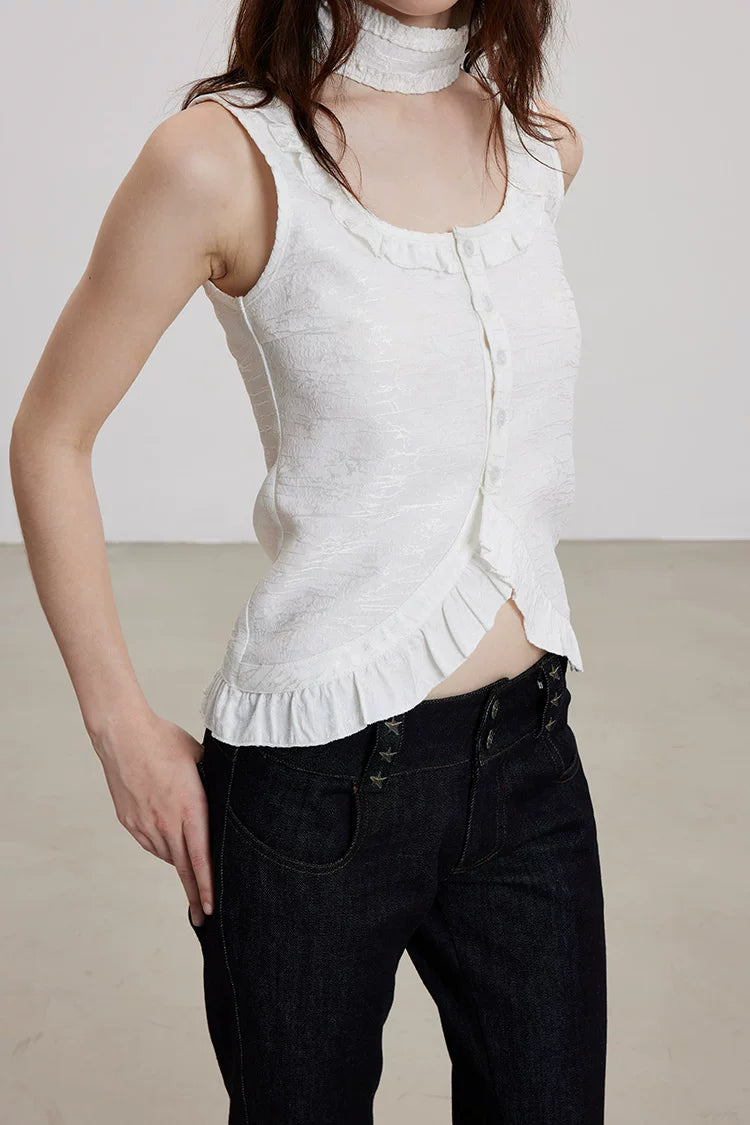 Washed Brocade Ruffle Choker Top