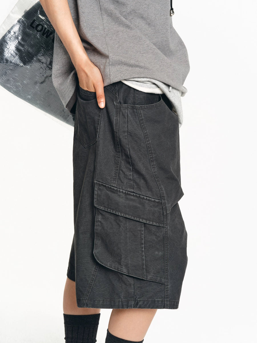 Drawstring Washed A-line Cargo Wide-Leg Shorts
