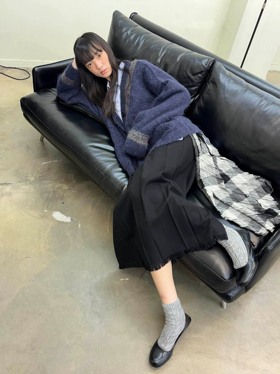 Plaid Tassel Long-line Skirt