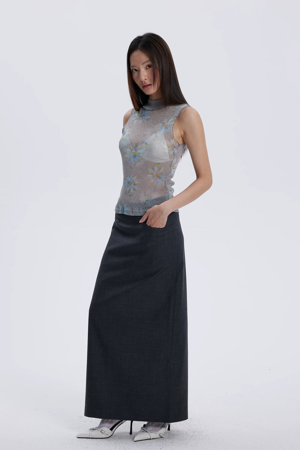 Floral Shimmer Mesh Mock Neck Tank
