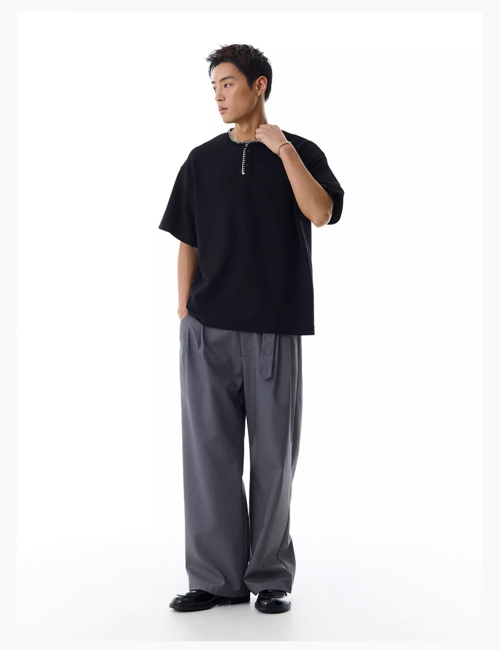 Embroidered Henley T-Shirt in Black Ink or White