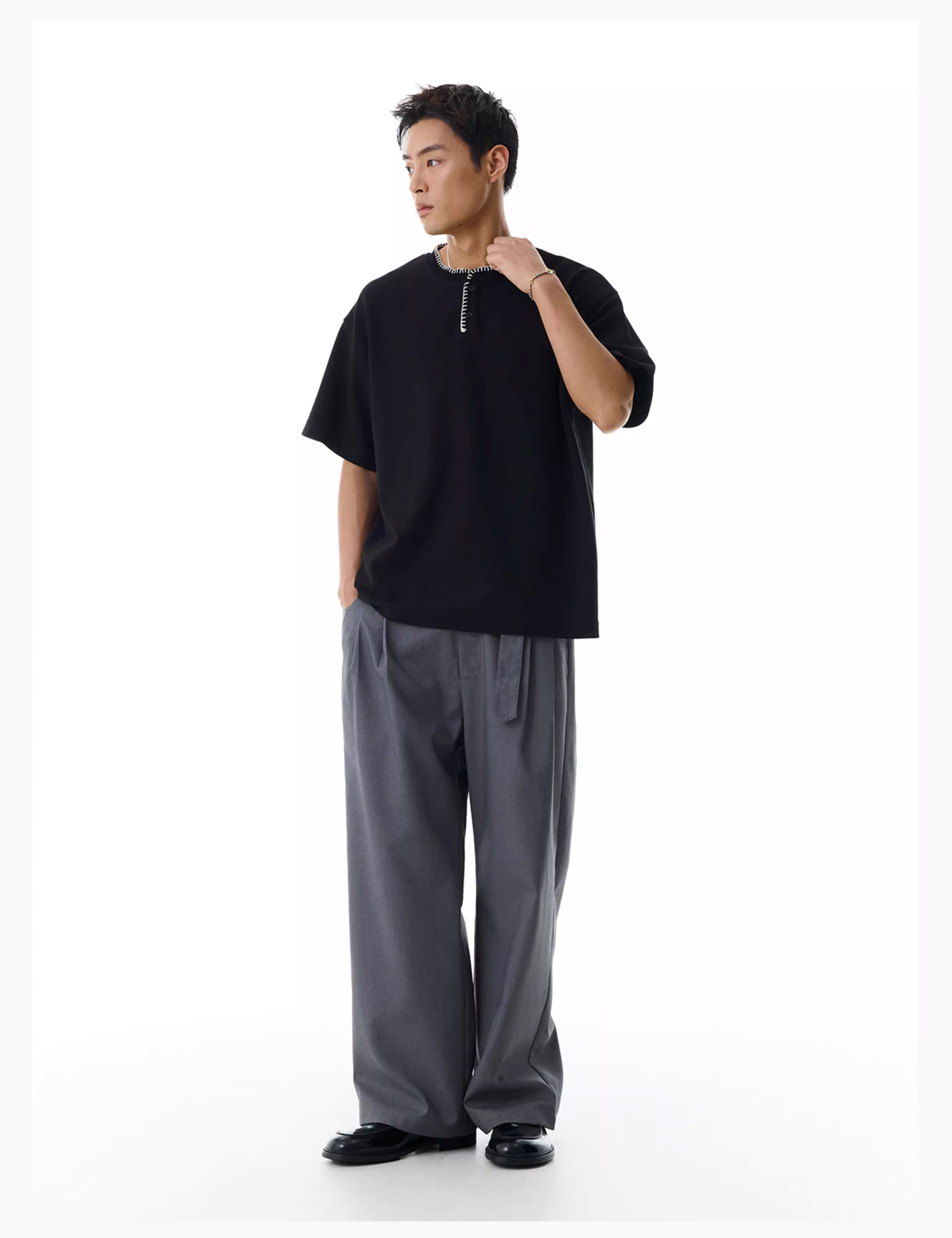 Embroidered Henley T-Shirt in Black Ink or White