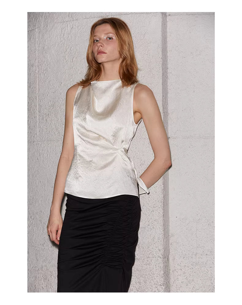 Crinkled Satin Cowl-Neck Top with Button-Back Detail