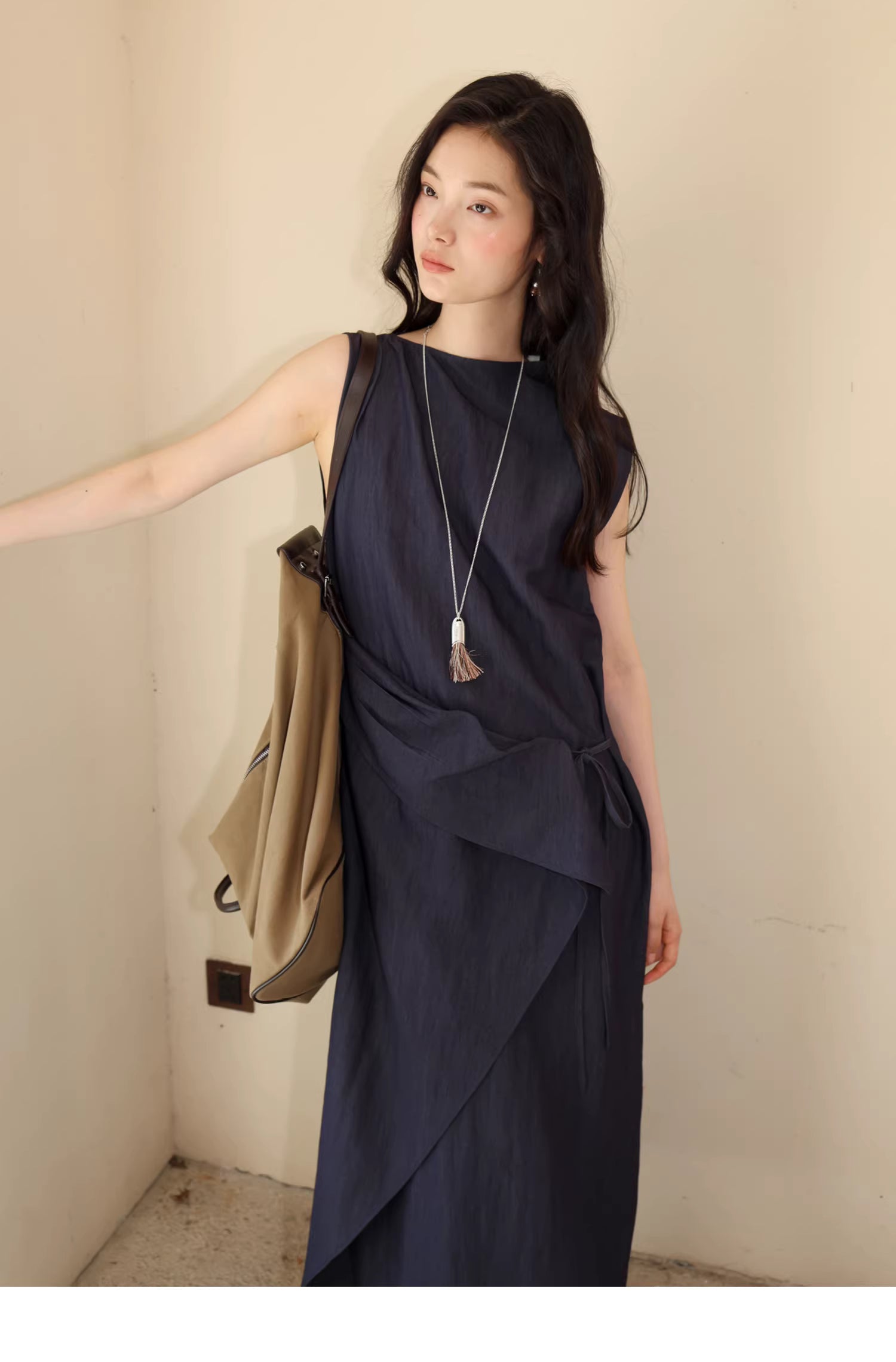 Sculptural Indigo Side-Tie Maxi Dress