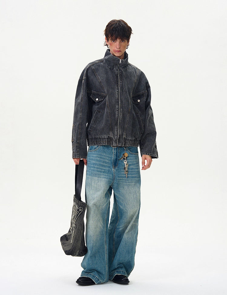 Motorcycle Seam Washed Denim Bomber