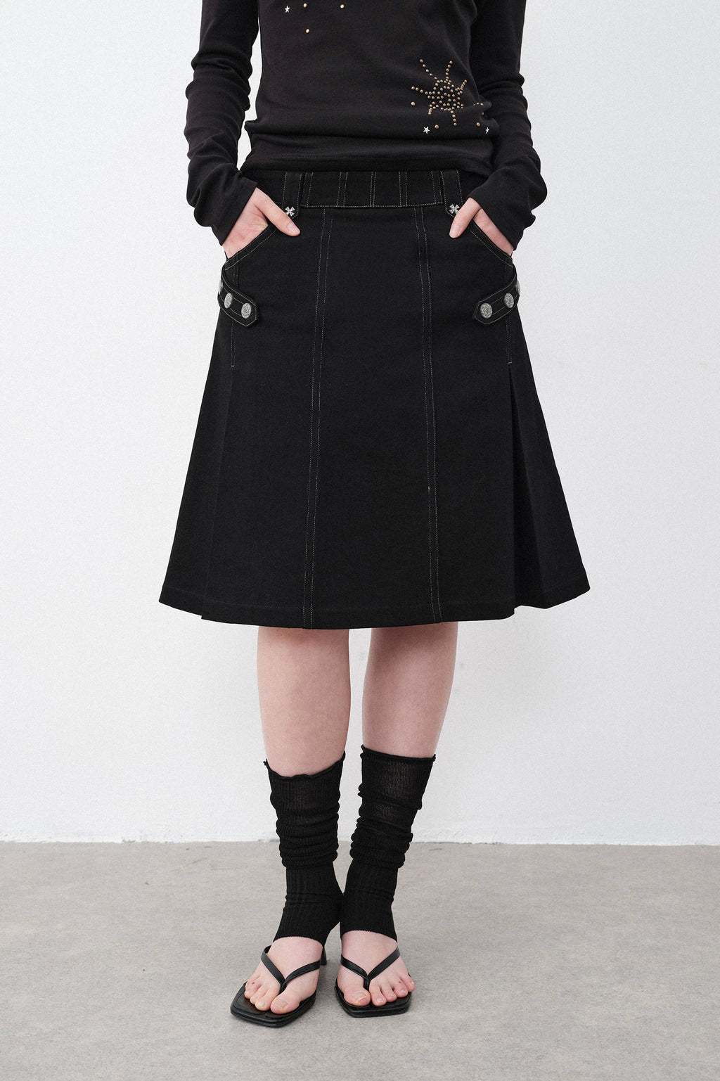Silver Hardware Pleated Midi-Skirt