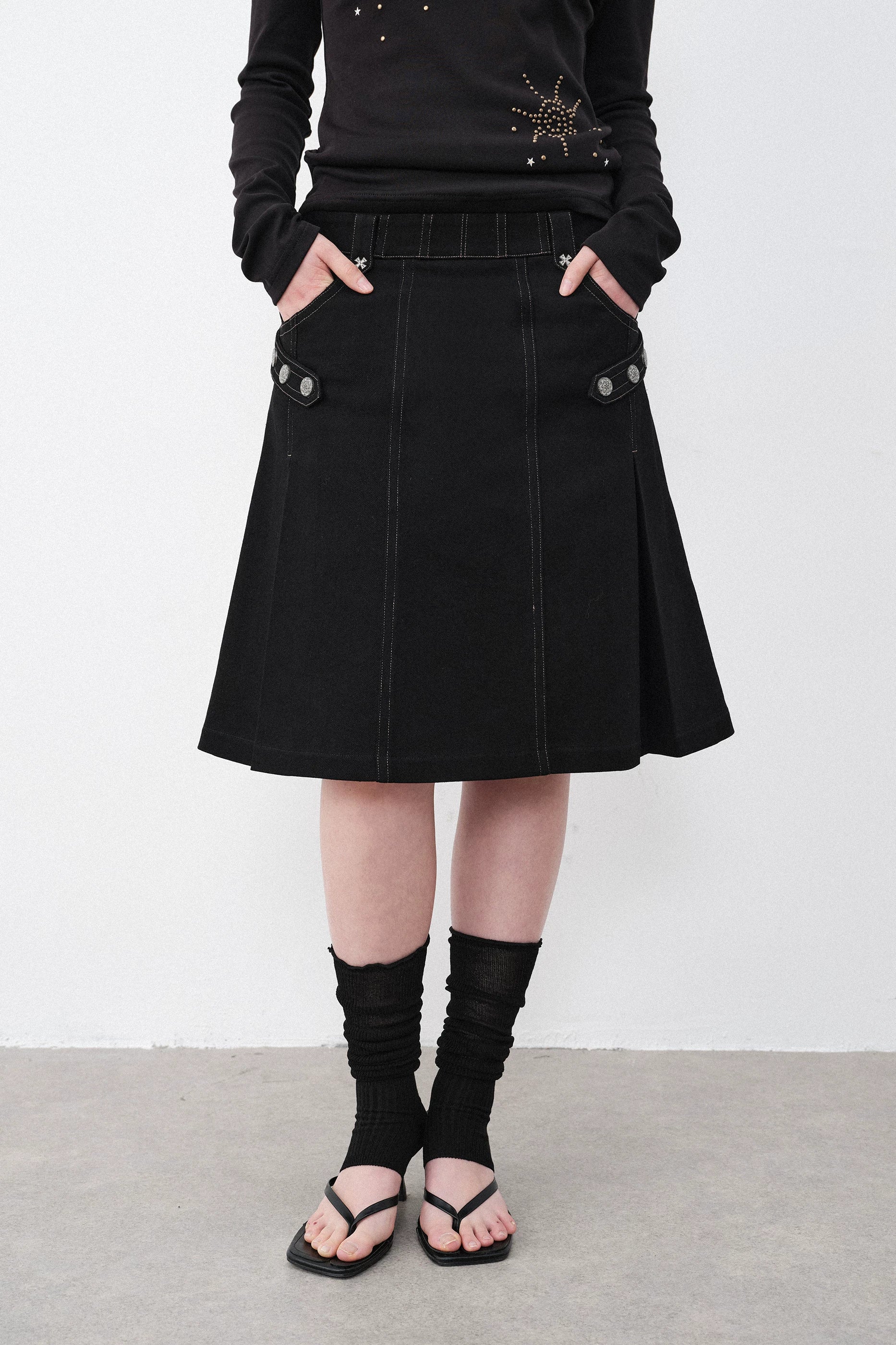 Silver Hardware Pleated Midi-Skirt