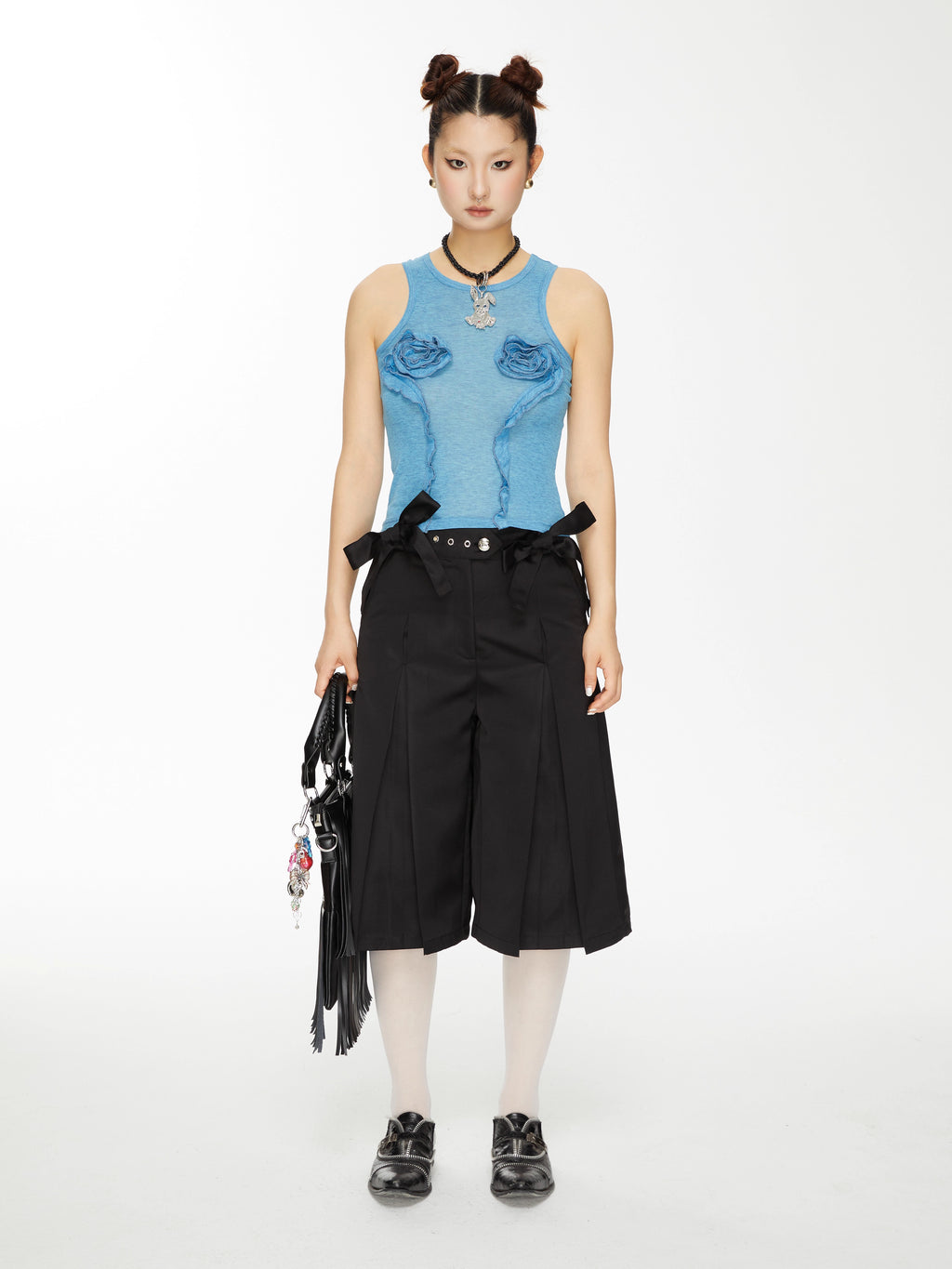 Bow-Embellished Pleated Back Wide-Leg Trouser Shorts