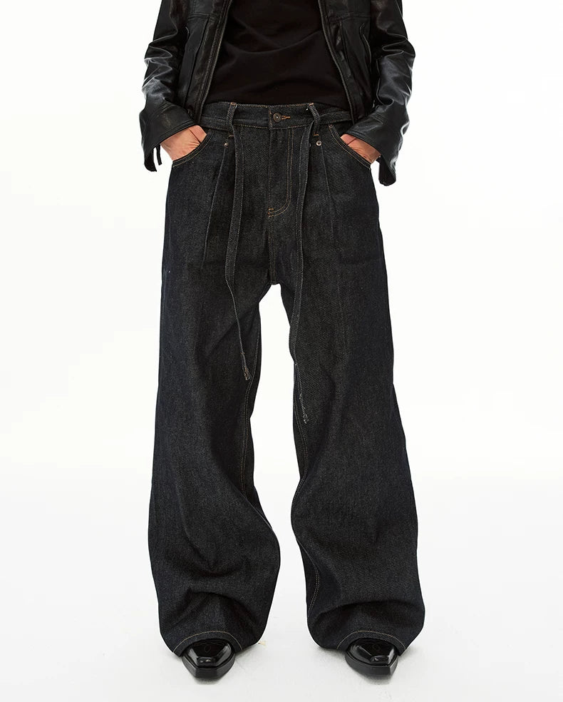 Pleated Wide-Leg Denim Trousers