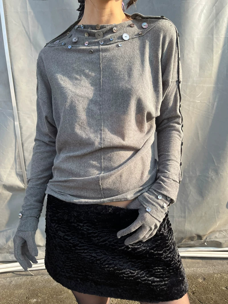 Shell Collar Button Sleeve Jersey Top