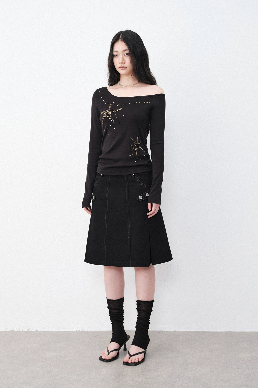 Silver Hardware Pleated Midi-Skirt