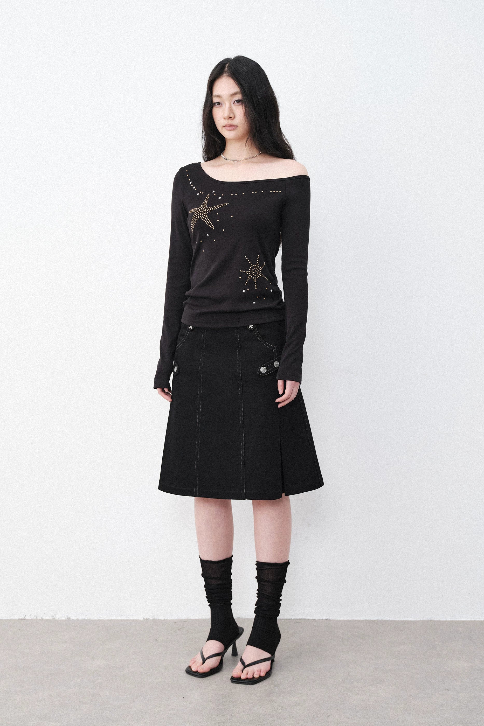 Silver Hardware Pleated Midi-Skirt