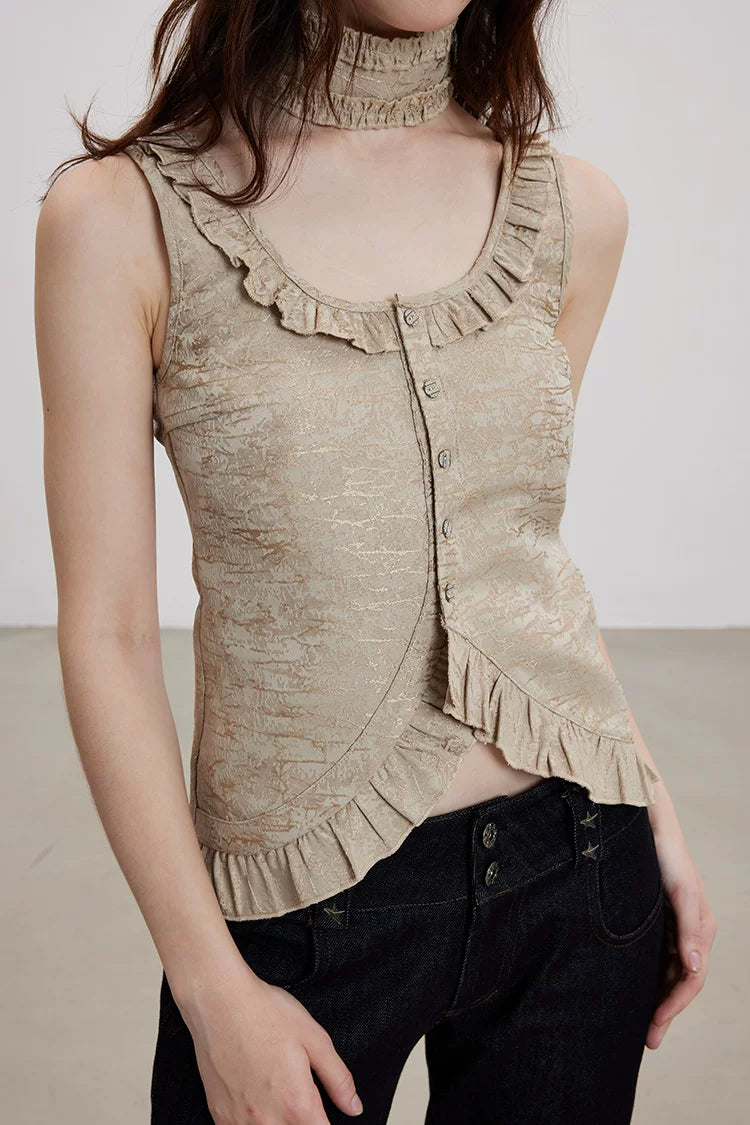 Washed Brocade Ruffle Choker Top