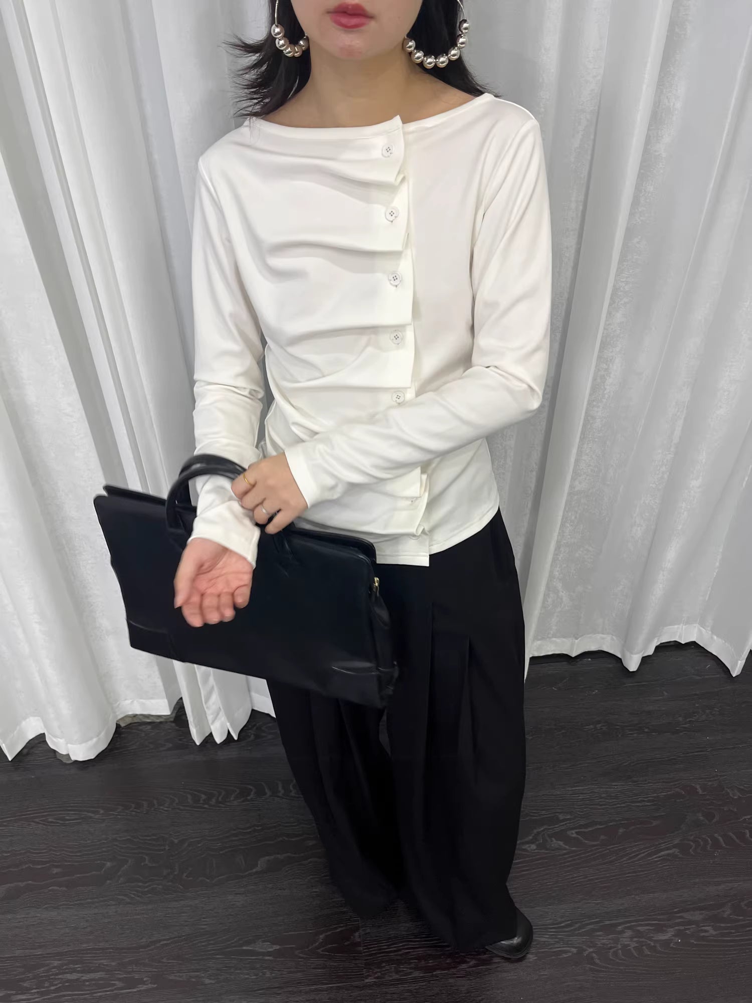 Linear Fold Placket Long Sleeve Top