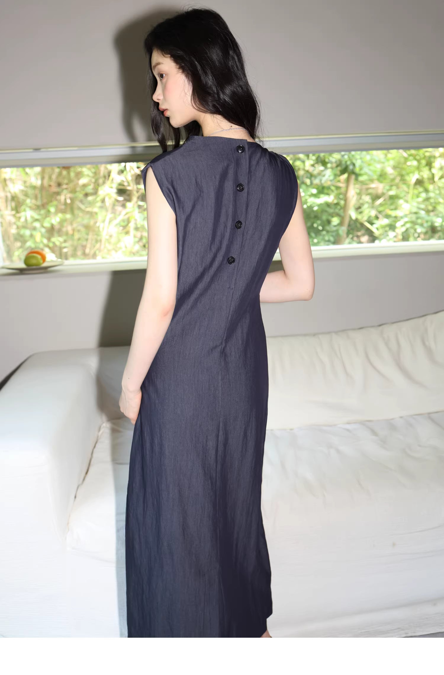 Sculptural Indigo Side-Tie Maxi Dress