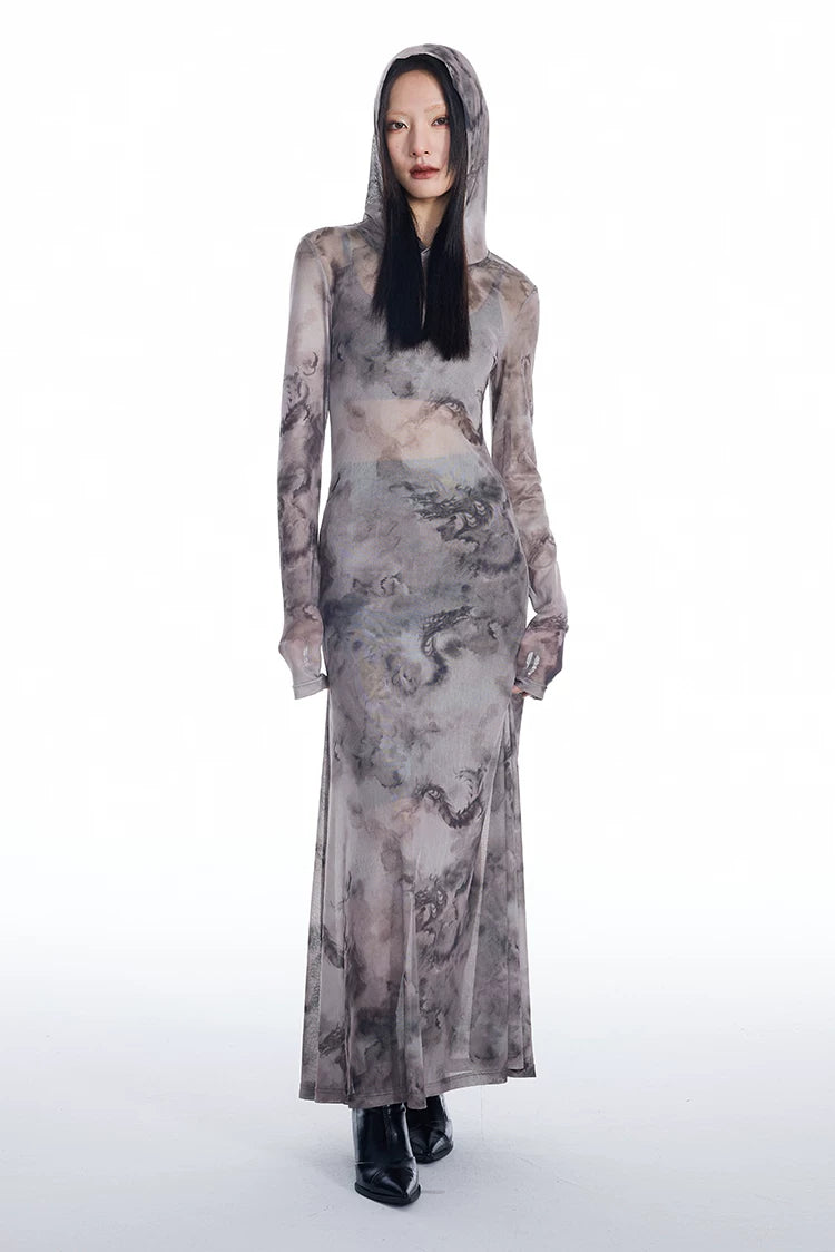 Dragon Veil Hooded Mesh Maxi Dress