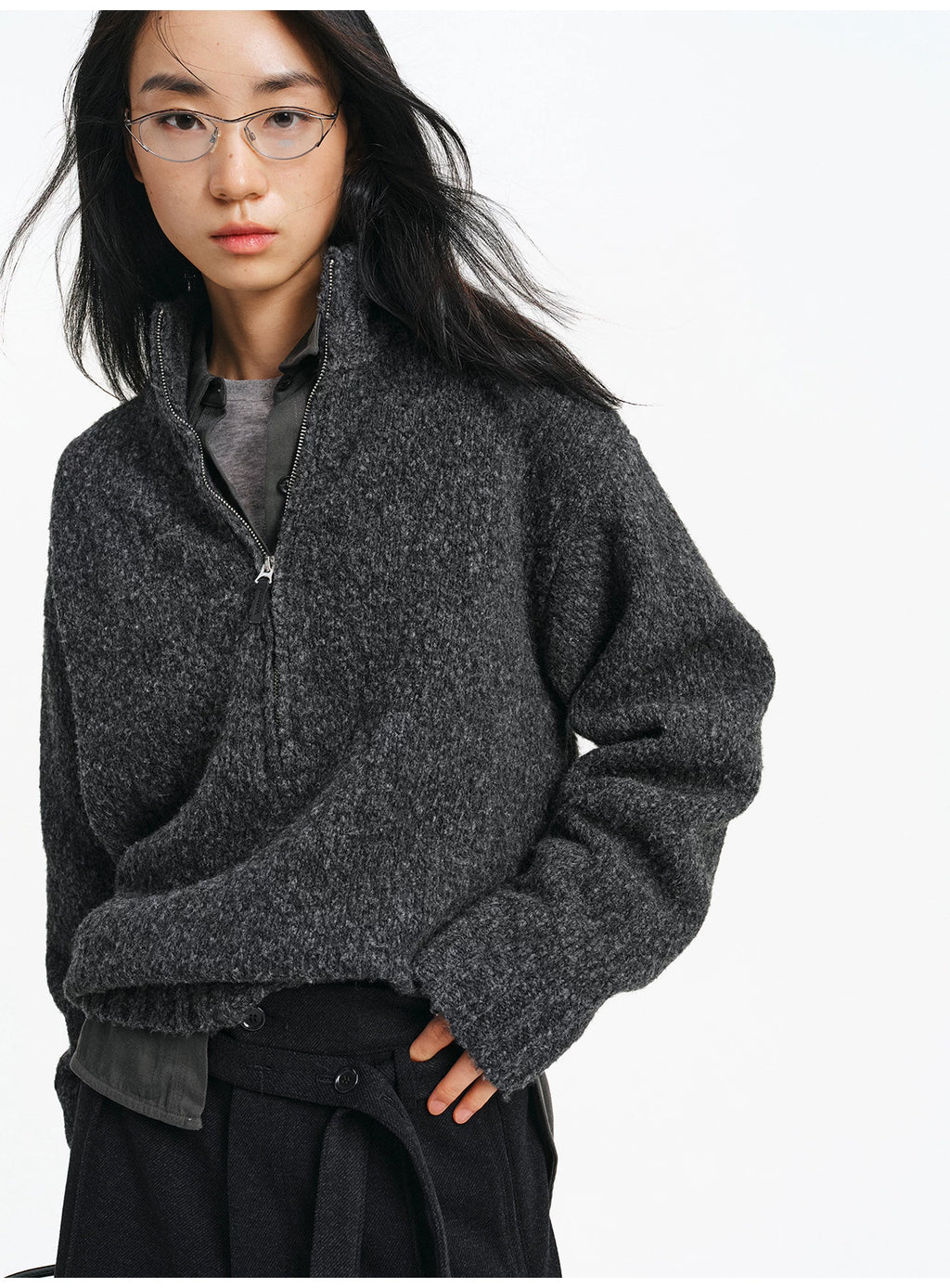 Textured Bouclé Half-Zip Knit – Charcoal