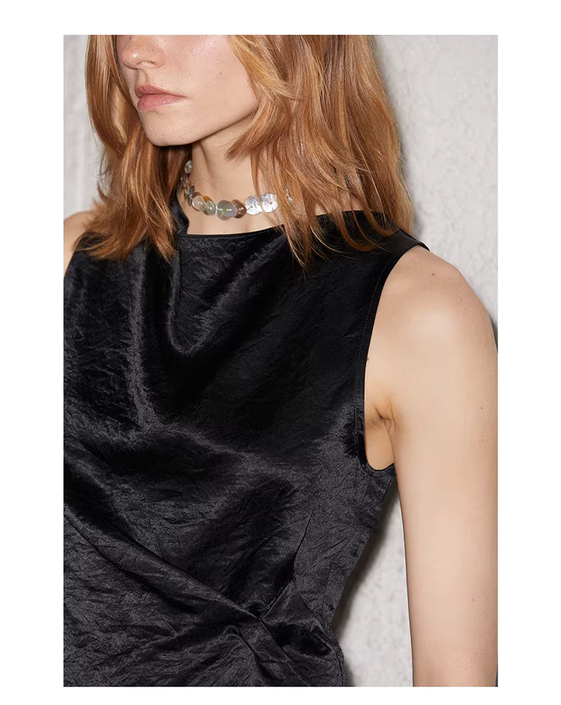 Crinkled Satin Cowl-Neck Top with Button-Back Detail