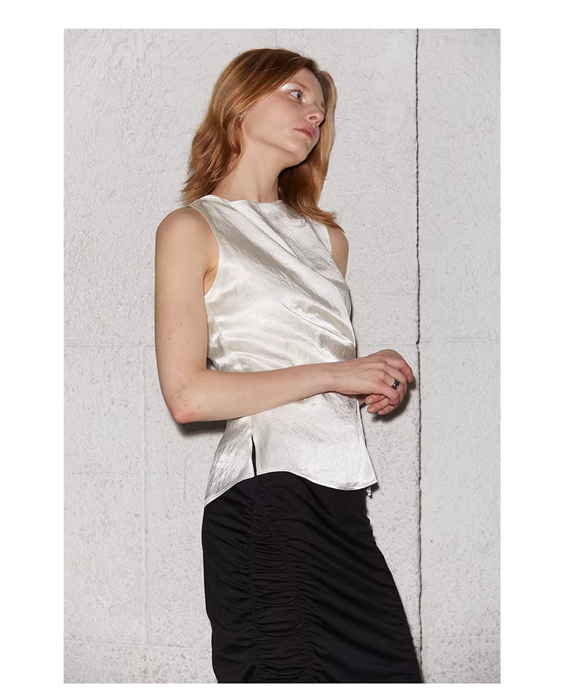 Crinkled Satin Cowl-Neck Top with Button-Back Detail