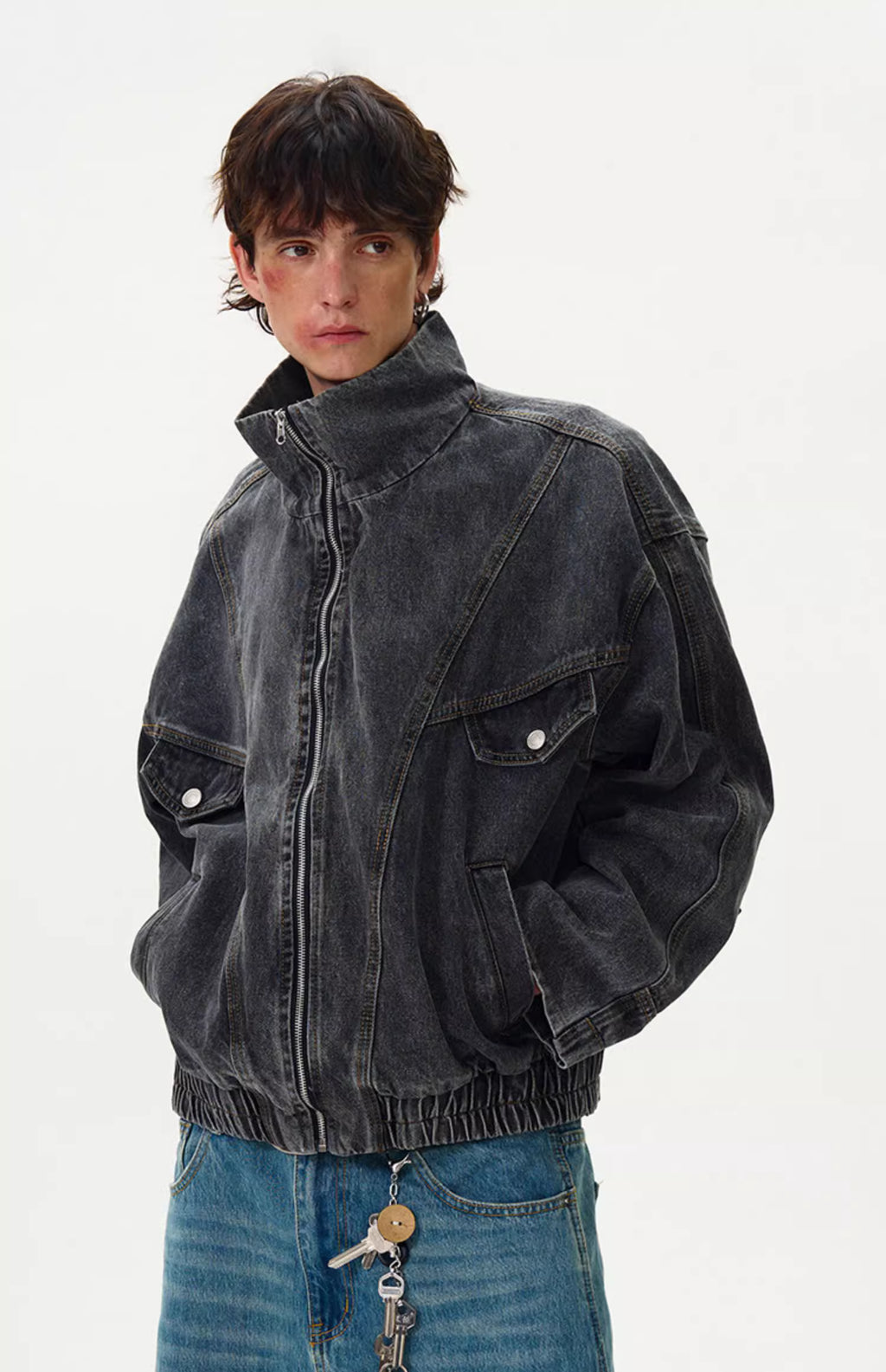 Motorcycle Seam Washed Denim Bomber