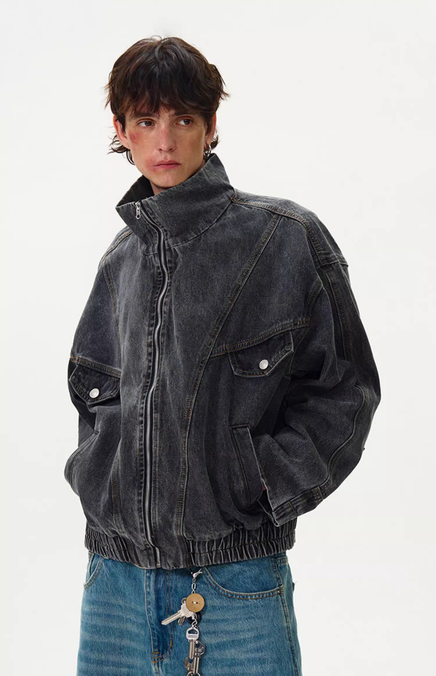 Motorcycle Seam Washed Denim Bomber