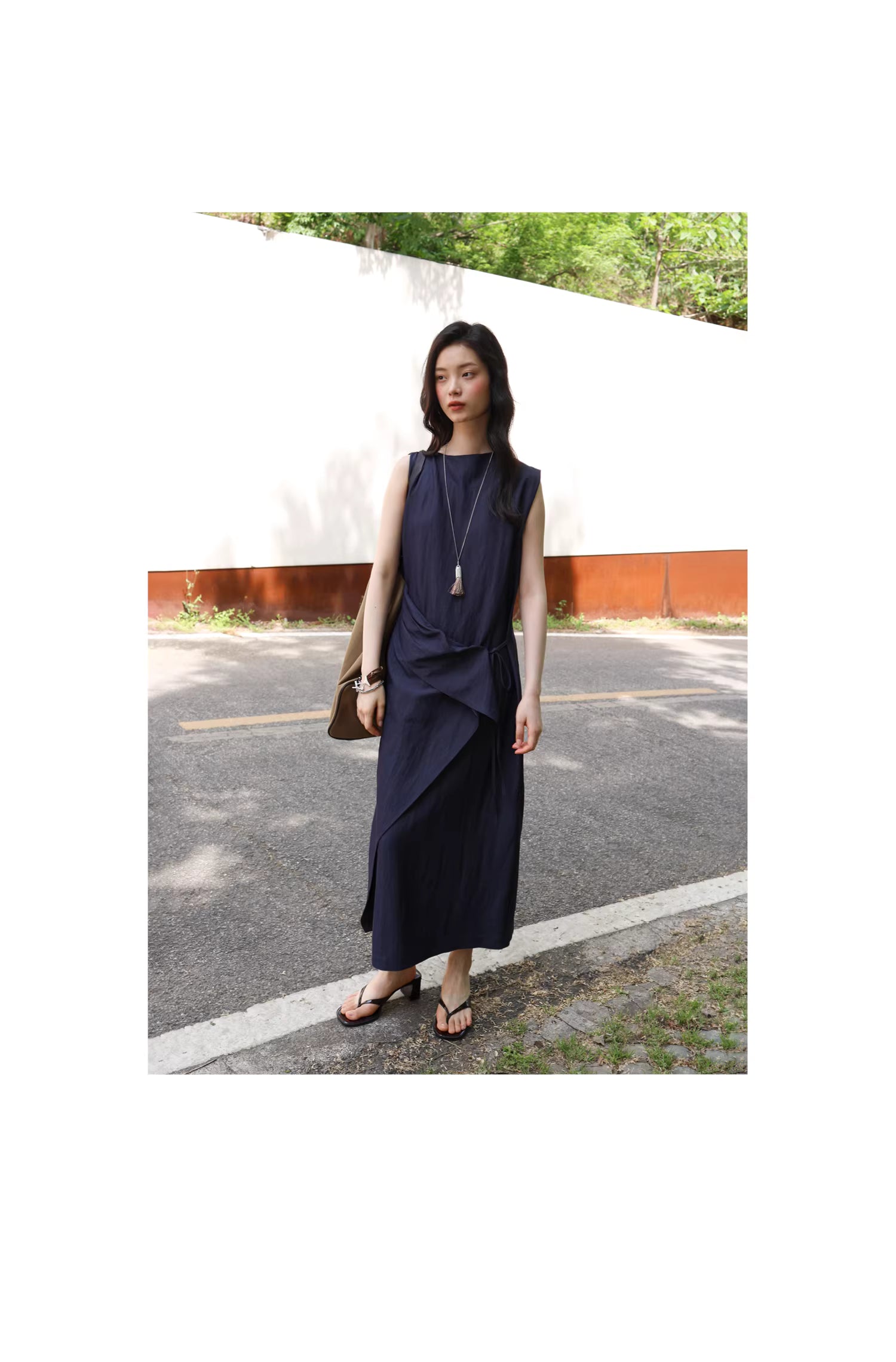 Sculptural Indigo Side-Tie Maxi Dress