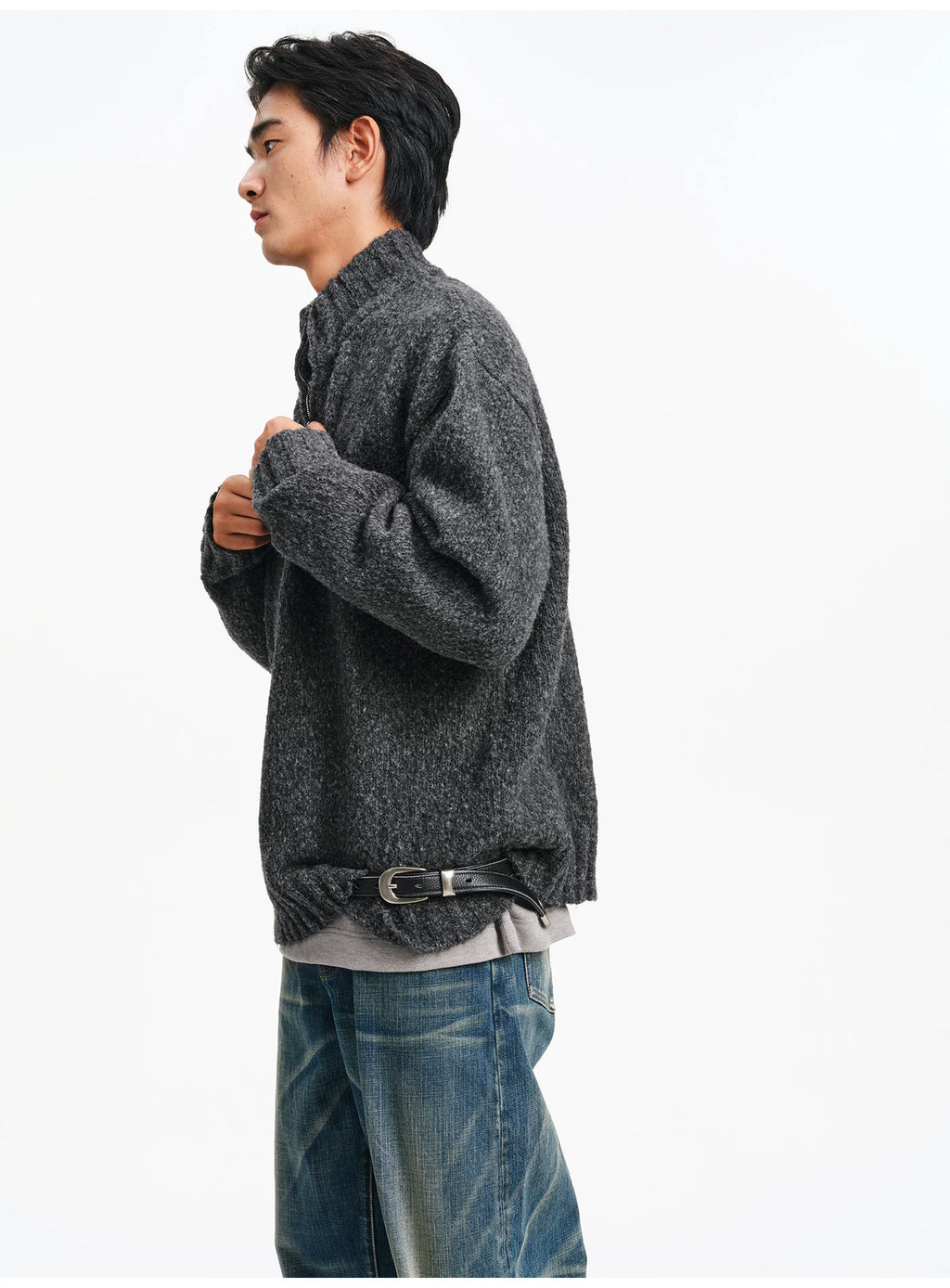 Textured Bouclé Half-Zip Knit – Charcoal