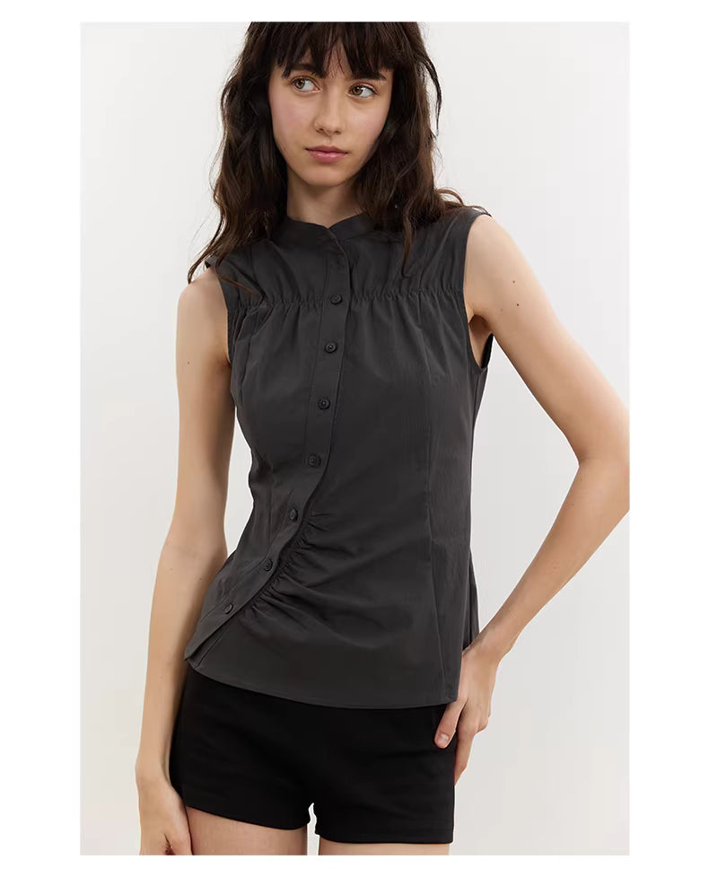 Asymmetric Button Blouse in Beige or Charcoal
