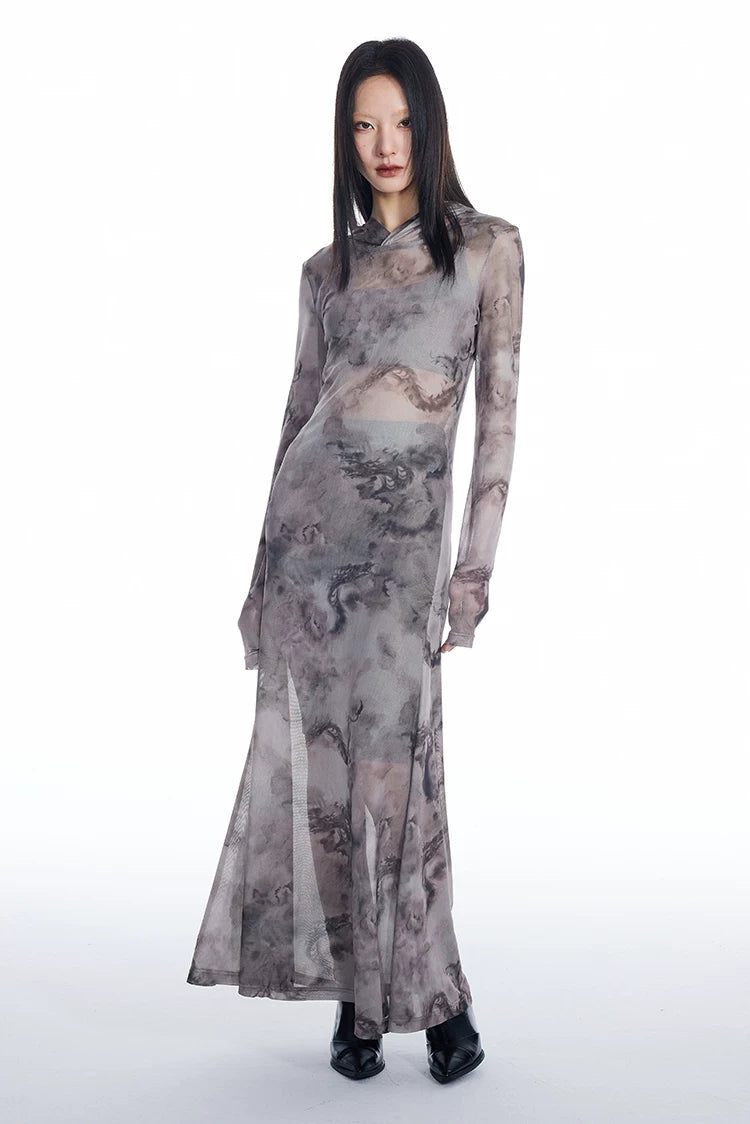 Dragon Veil Hooded Mesh Maxi Dress