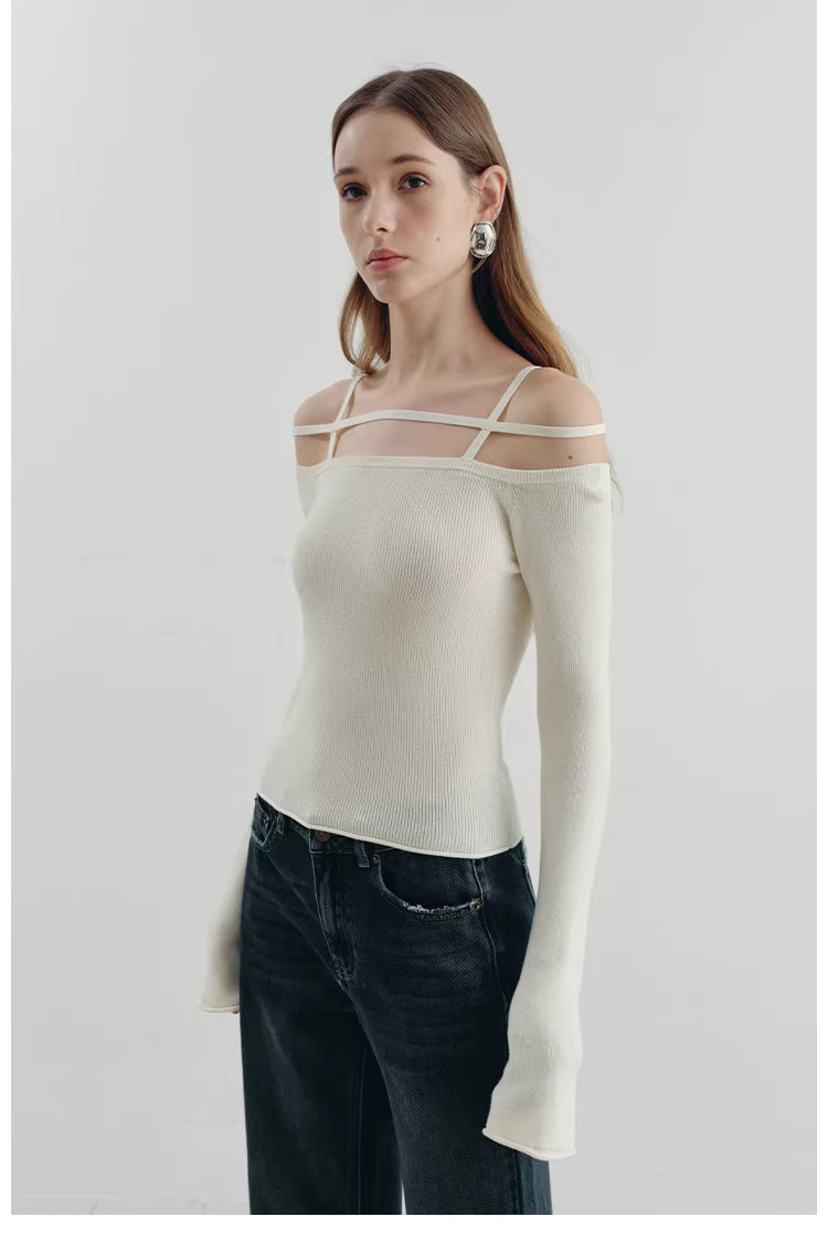 Geometric Strap Knit Long Sleeve Top
