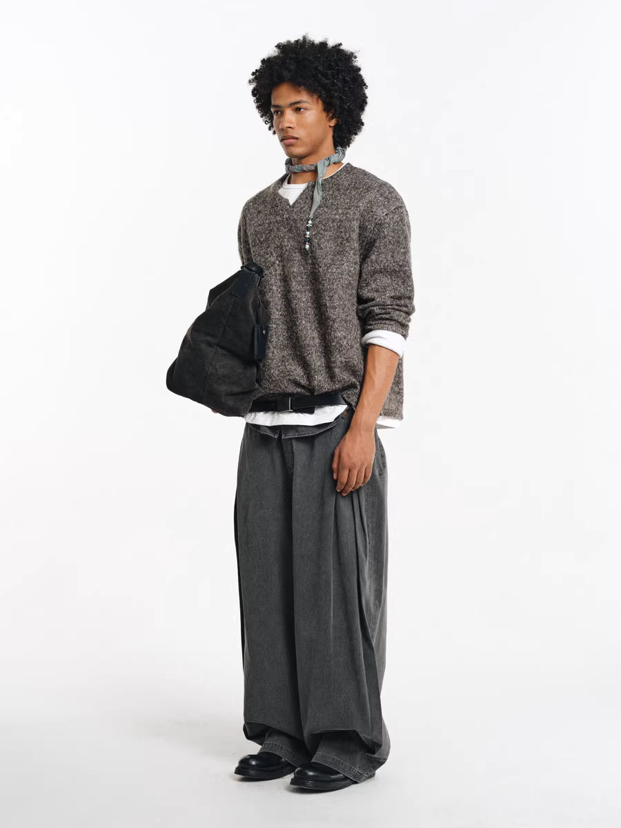 Deconstructed Wide-Leg Charcoal Trousers