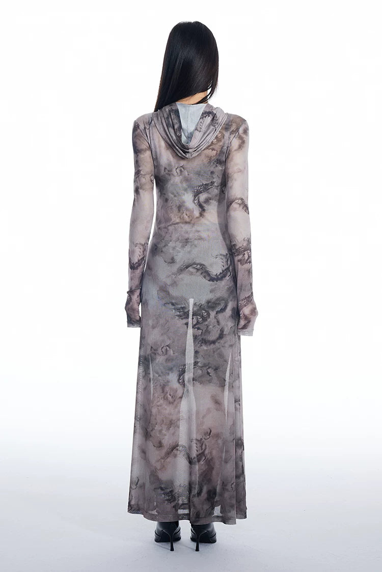 Dragon Veil Hooded Mesh Maxi Dress