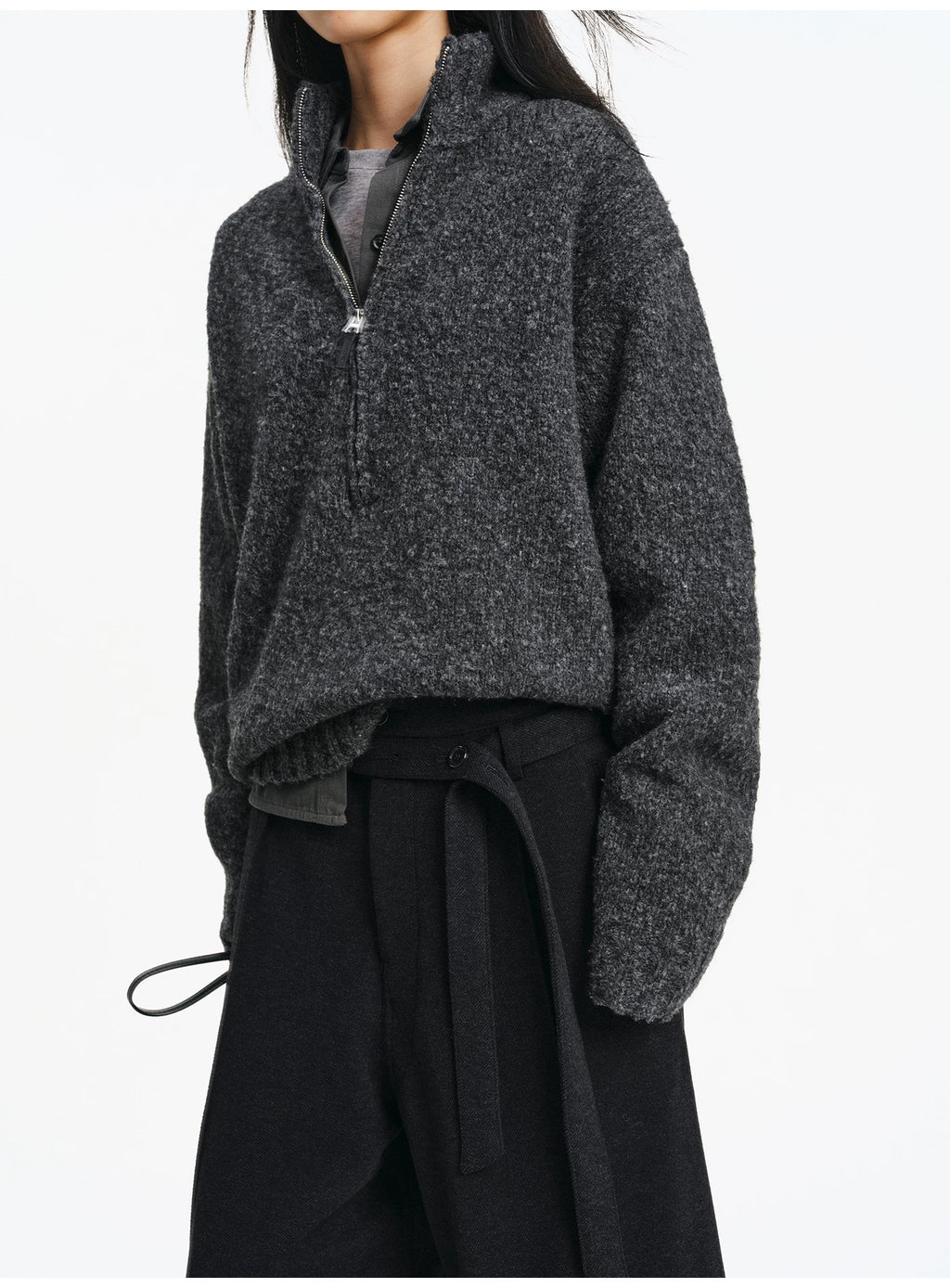 Textured Bouclé Half-Zip Knit – Charcoal
