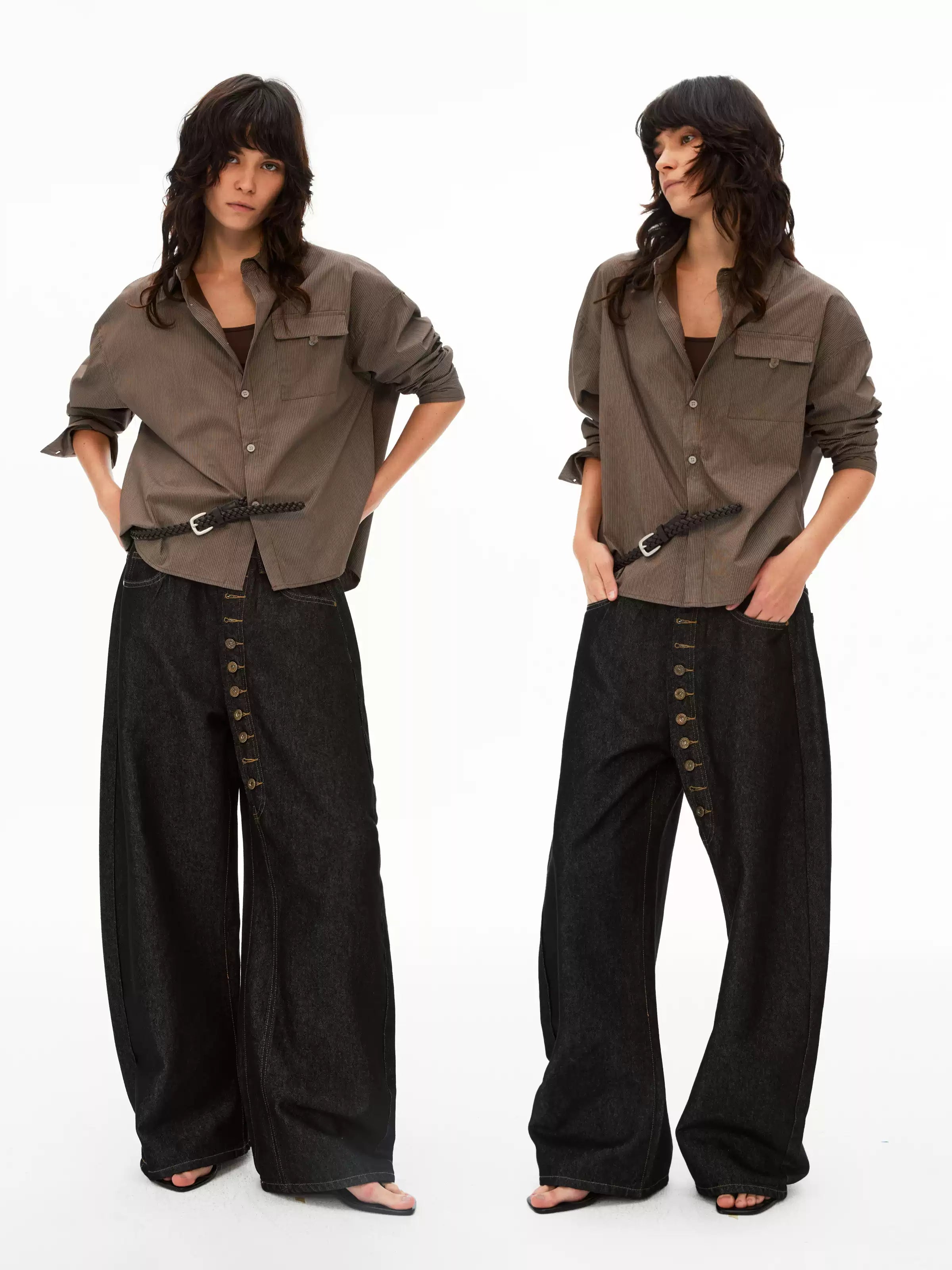 Asymmetric Button Fly Wide-Leg Denim